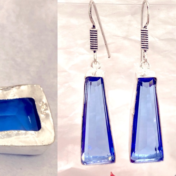 Baguette Cut Swiss Blue Topaz Handmade Earrings - Picture 2 of 4